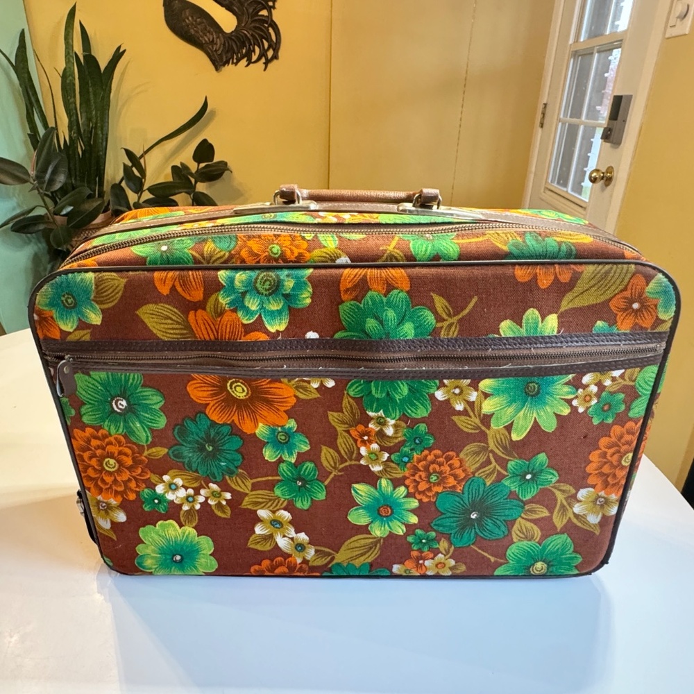 Vintage 60s soft case fabric suitcase, groovy brown, green floral, Japan luggage